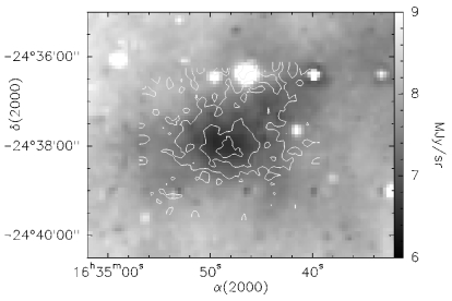 6.75 micron ISOCAM image of L1689B with 1.3mm continuum contours