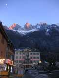 
Dusk at the mountains and a moon over the Casino in Chamonix.
